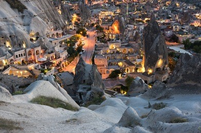 goreme town on sunset in cappadocia, central anatolia,turkey