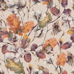 watercolor autumn vintage background with twigs, cotton flower, yellow oak leaves and acorns. botanical watercolor illustrations seamless pattern