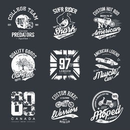 vintage american old grunge effect tee print vector design set. premium quality superior shark, custom bike, muscle car, tree, flag, hot rod, helmet, moped retro logo concept. shabby t-shirt emblem.