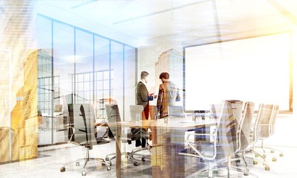 teamwork concept. two businessmen discussing contract together in conference room interior with blank whiteboard on city background with sunlight. double exposure