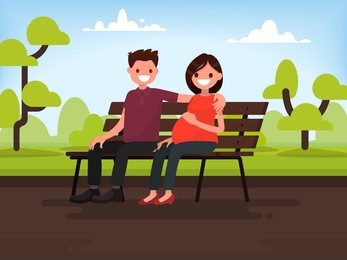 couple sitting on a bench in the park. pregnant wife and her husband. vector illustration of a flat design