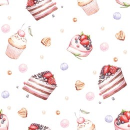 seamless pattern with cakes. watercolor illustration.