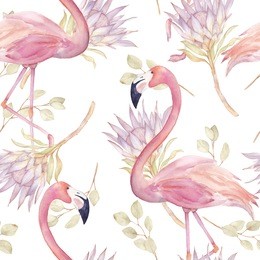 watercolor seamless pattern with exotic flamingo and kind protea. summer decoration print for wrapping, wallpaper, fabric