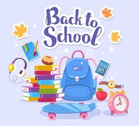 vector colorful illustration of big backpack, pile of books, skateboard, alarm clock, autumn maple leaves on blue background with text back to school. art design for web, site, board, banner, poster
