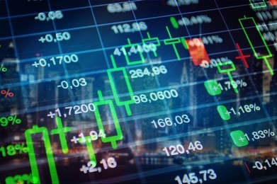 stock market, finance, economy, banking concept background. stock market trading graph, financial data and market tickers at blue background. 