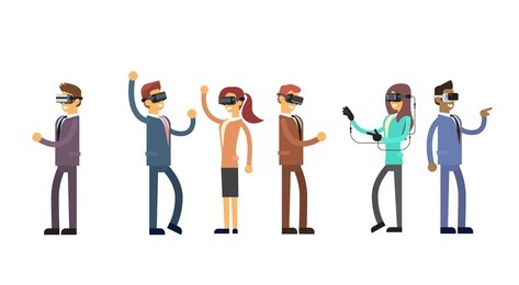 business people group team wear virtual reality digital glasses headset flat vector illustration