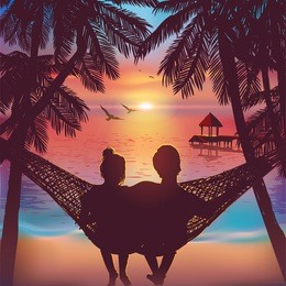couple in love at the beach on hammock. inspiration for wedding, date, romantic travel card. family