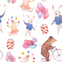 watercolor circus seamless pattern. hand drawn wallpaper with white rabbit with magic wand, cartoon bear on bicycle, juggler mouse, cupcakes and party air balloons on white background. baby texture