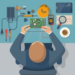 electronics repair. tester checking. multimeter in hands of man. calibration, diagnostics, maintenance, electronics repair and computer equipment. vector flat design style. service center, workshop.