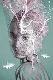 art collage portrait contemporary vision fashion photography. woman face under water 