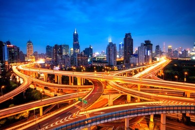 elevated view of a road junction in shanghai, china. aerial view the overpass at night, shanghai china.