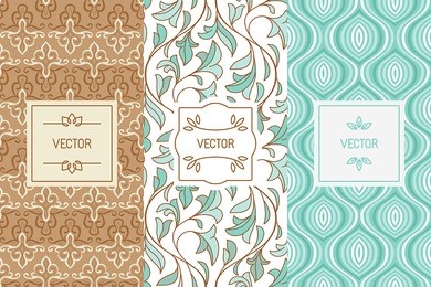 vector set of design elements, seamless patterns and label templates for cosmetic and beauty product packaging or business card backgrounds, in trendy minimal linear style with floral ornaments 