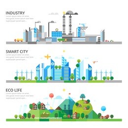 a set of three illustrations - production, modern city life in the countryside. 