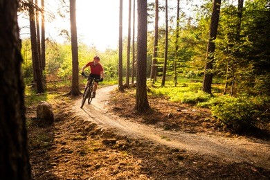mountain biker riding on bike in spring inspirational mountains landscape. man cycling mtb on enduro trail track. sport fitness motivation and inspiration outdoors in sunset woods.