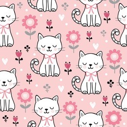 seamless pattern with cute cats. vector illustration with white  kittens and flowers on a pink background. 