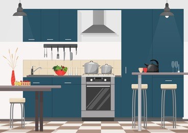 modern kitchen interior with furniture and cooking devices. cartoon realistic flat design of kitchen
