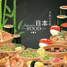 japanese food set in vintage style. word - japan in japanese. sentence -  land of the rising sun in japanese words.