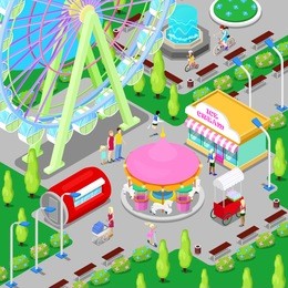 isometric amusement park with carousel ferris wheel and children. vector illustration