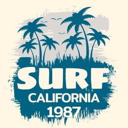 vector illustration on the theme of surf and surfing in california.  grunge background. vintage design. typography, t-shirt graphics, poster, banner, flyer, postcard