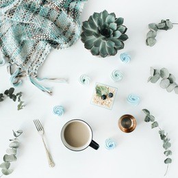breakfast composition with coffee with milk, blue cakes, succulent, fork, eucalyptus, plaid on with background. flat lay, top view