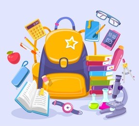 vector colorful illustration of unisex yellow backpack, pile of books, phone, microscope and other many school supplies on blue background. bright design for web, site, advertising, banner, poster