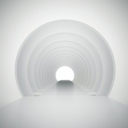 3d illustration. the white abstract three-dimensional composition. round tunnel of repetitive circular structures, the light in perspective.