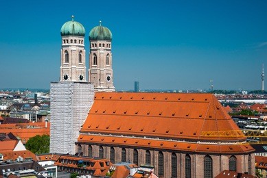 view of the late gothic cathedral of our dear lady (frauenkirche) in munich, germany