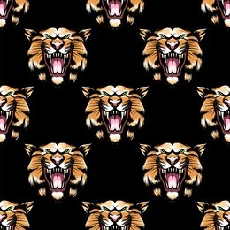seamless pattern with hand drawn tiger head on black background. vector illustration