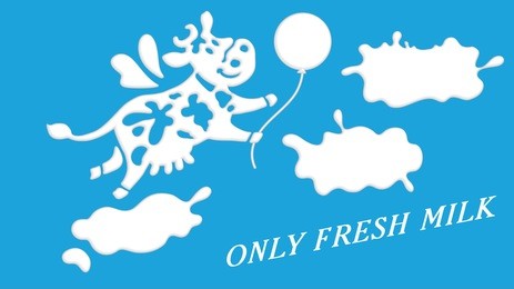 cute winged cow flying among milk clouds.
