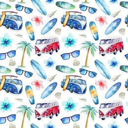 watercolor beach, adventure, bike, motorollier, tree seamless pattern. watercolour fun holiday activity, tropical travel illustration. island summer , retro car, surfboard.