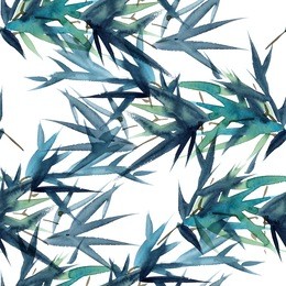 watercolor and ink bamboo leaves pattern in style sumi-e, u-sin. oriental traditional painting. seamless pattern.