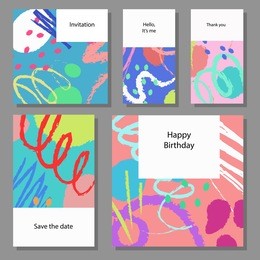 set of artistic colorful universal cards. wedding, anniversary, birthday, holiday, party. design for poster, card, invitation. 