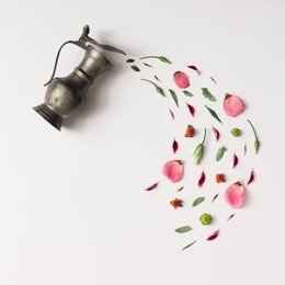 tea cup with various natural herbs. flat lay, minimal concept.