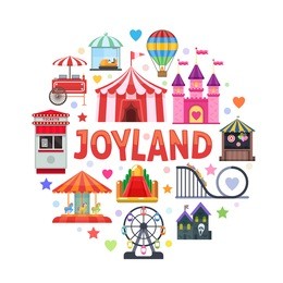 amusement park round design with attractions ticket booth circus tent street food on white background vector illustration