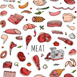 seamless pattern hand drawn doodle set of cartoon different kind of meat and poultry. vector illustration set. sketchy food elements collection: lamb, pork, ham, mince, chicken, steak, bacon, sausage.