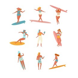 people on the beach. surfers. flat illustration.