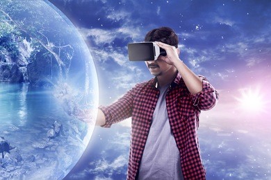 young asian man wear vr headset get into virtual reality world