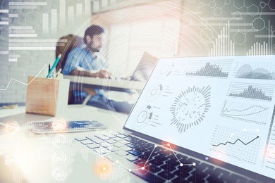 double exposure. businessman working in modern office with modern technology. growth charts, business concept, strategy, development plans, teamwork. image filter