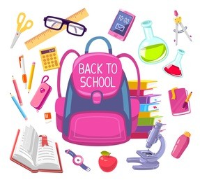 vector colorful illustration of girl pink backpack with many school supplies on light background with text back to school. bright design for web, site, advertising, banner, poster, brochure, board