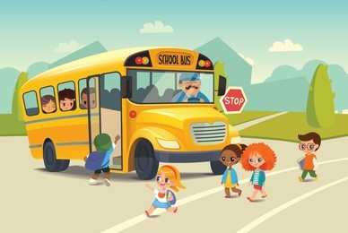 school bus traffic stop law. back-to-school safety concept. kids riding on school bus. child boarding school bus. kids crossing the road. vector illustration.