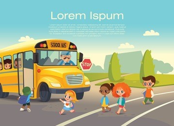 school bus stop. back to school safety concept. kids riding on school bus. child boarding school bus. kids crossing the road. vector illustration.