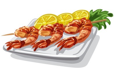 illustration of grilled shrimps on skewer with lemon and lettuce