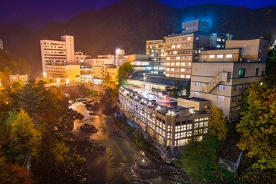 jozankei, japan hot springs resort town at night.