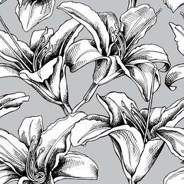 seamless pattern with image of a lily flowers. vector black and white illustration.