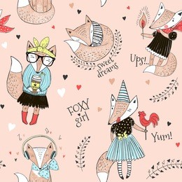 cute fox character seamless pattern. doodling. kid design