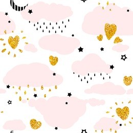 seamless patterns with cute hearts, baby elements. happy birthday children design. colorful night sky with stars, clouds, gold doodle decoration. hand drawn vector illustration, separated elements.