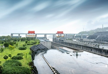 china yangtze river three gorges dam in the rain.