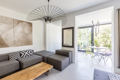 shot of a stylish living room interior with wooden coffee table