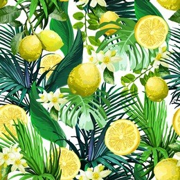 seamless pattern of lemon, flowers and tropical leaves on a white background.
