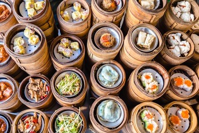 dim sum in bamboo steamer, chinese cuisine